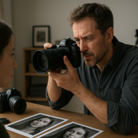 Dospelý fotograf kontroluje portrét s dôrazom na oči bez loga