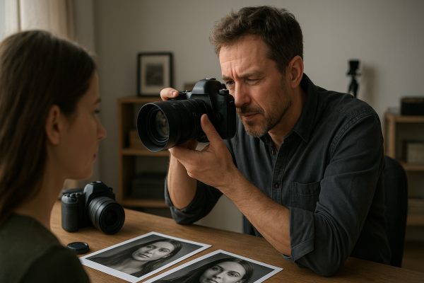 Dospelý fotograf kontroluje portrét s dôrazom na oči bez loga