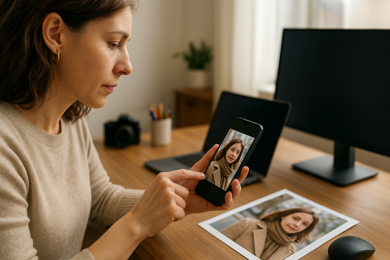 Dospelý človek odosiela fotky z mobilu a porovnáva detail bez loga