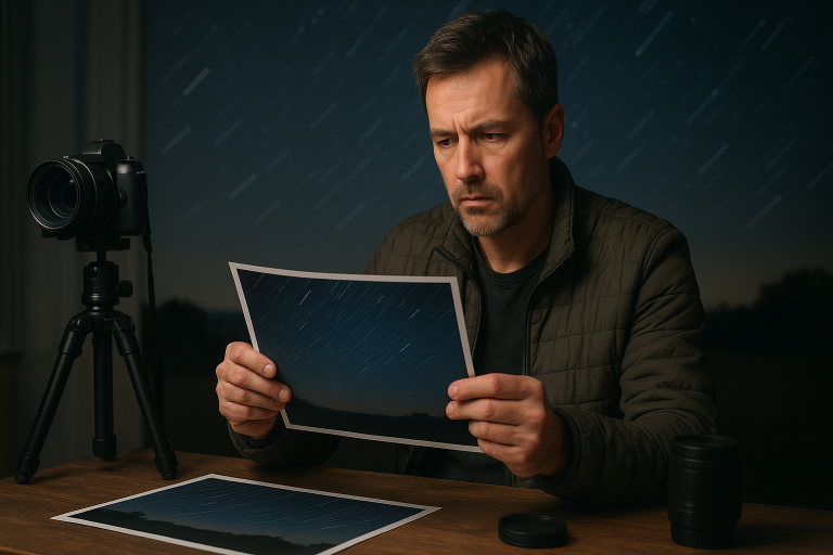 Dospelý fotograf kontroluje nočnú fotku hviezd na displeji bez loga