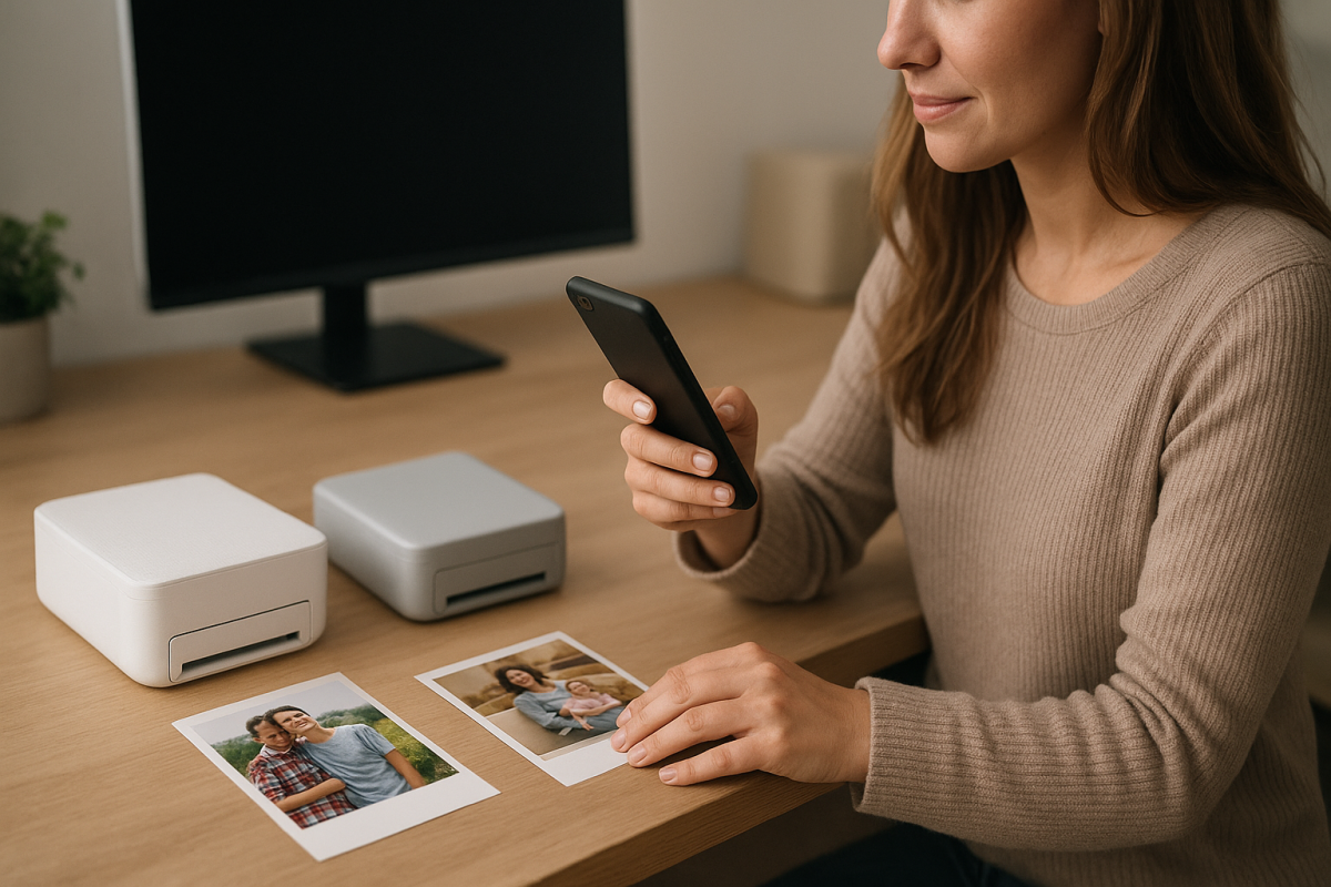 Editorialny vizual k teme Instax Link Wide vs Canon SELPHY QX20 bez loga a bez citatelneho textu