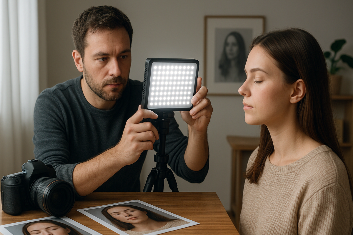 Editorialny vizual k teme LED panel a pleť bez loga a bez citatelneho textu