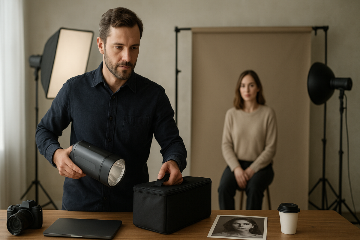 Dospelý profesionálny fotograf nesie malé batériové svetlo pri portrétnom sete bez loga