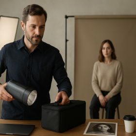 Dospelý profesionálny fotograf nesie malé batériové svetlo pri portrétnom sete bez loga