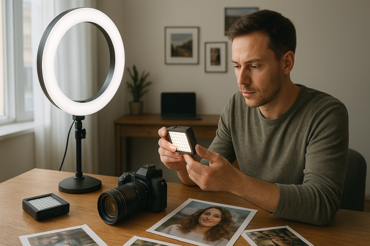 Ring light vs malý LED panel - realistická tematická fotografia
