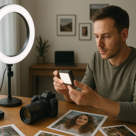 Ring light vs malý LED panel - realistická tematická fotografia