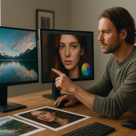 Editorialny vizual k teme EIZO CG2700X vs BenQ SW272Q bez loga a bez citatelneho textu